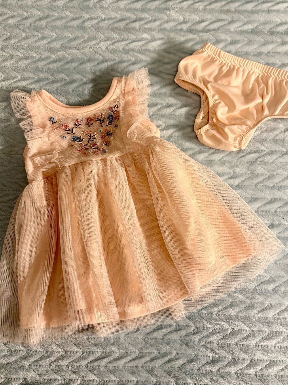 Nannette Peach Tulle Dress Set with Embroidered Flowers